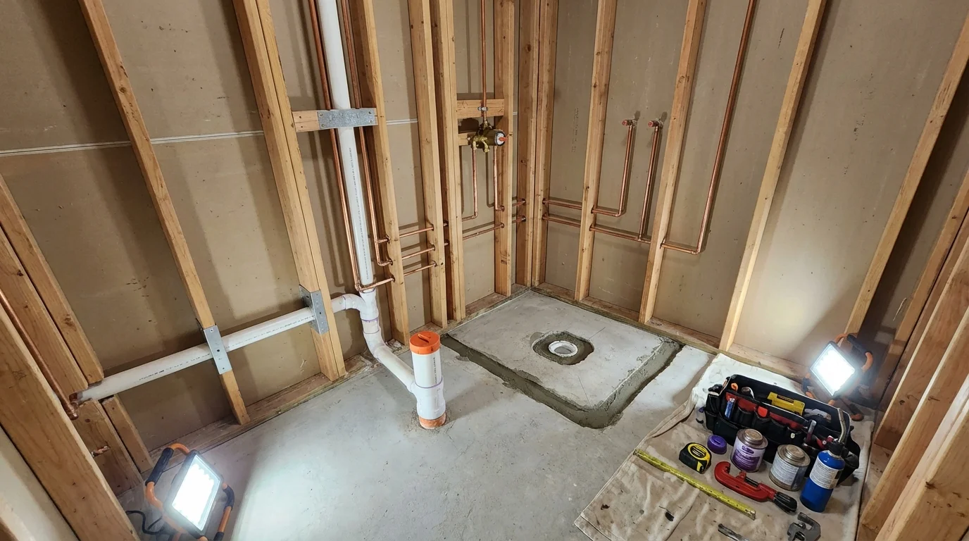 Bathroom rough-in plumbing during remodel by Johns Plumbing LLC in Niagara