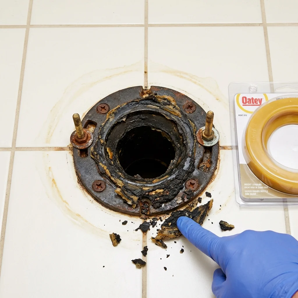 Failed wax ring showing water seepage at the base of a toilet in a Niagara, WI home