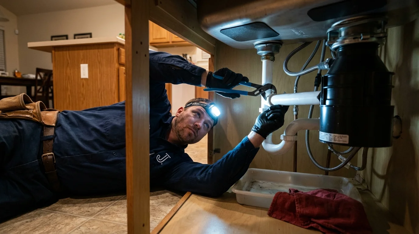 P-trap and supply line connections under a kitchen sink showing a common leak point in Niagara, WI